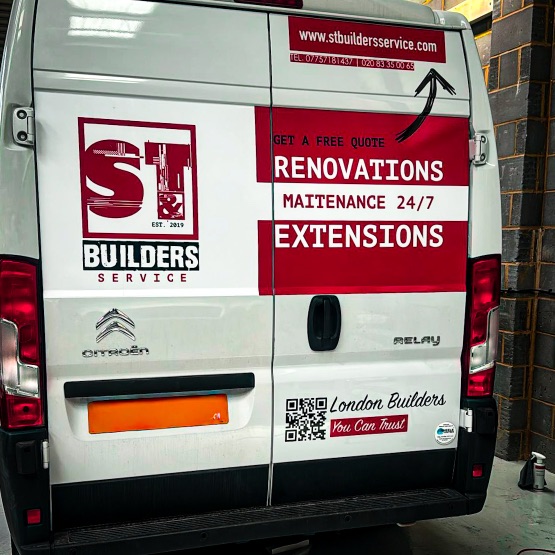 Professional van branding for ST Builders Service in London with custom vehicle graphics, premium vinyl wrap and modern construction branding.
